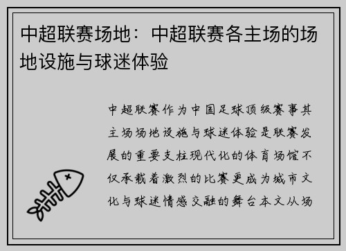 中超联赛场地：中超联赛各主场的场地设施与球迷体验